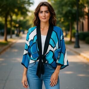 Ralston Kimono Jacket Womens M Blue Abstract Tie Front Boho Artsy Layering